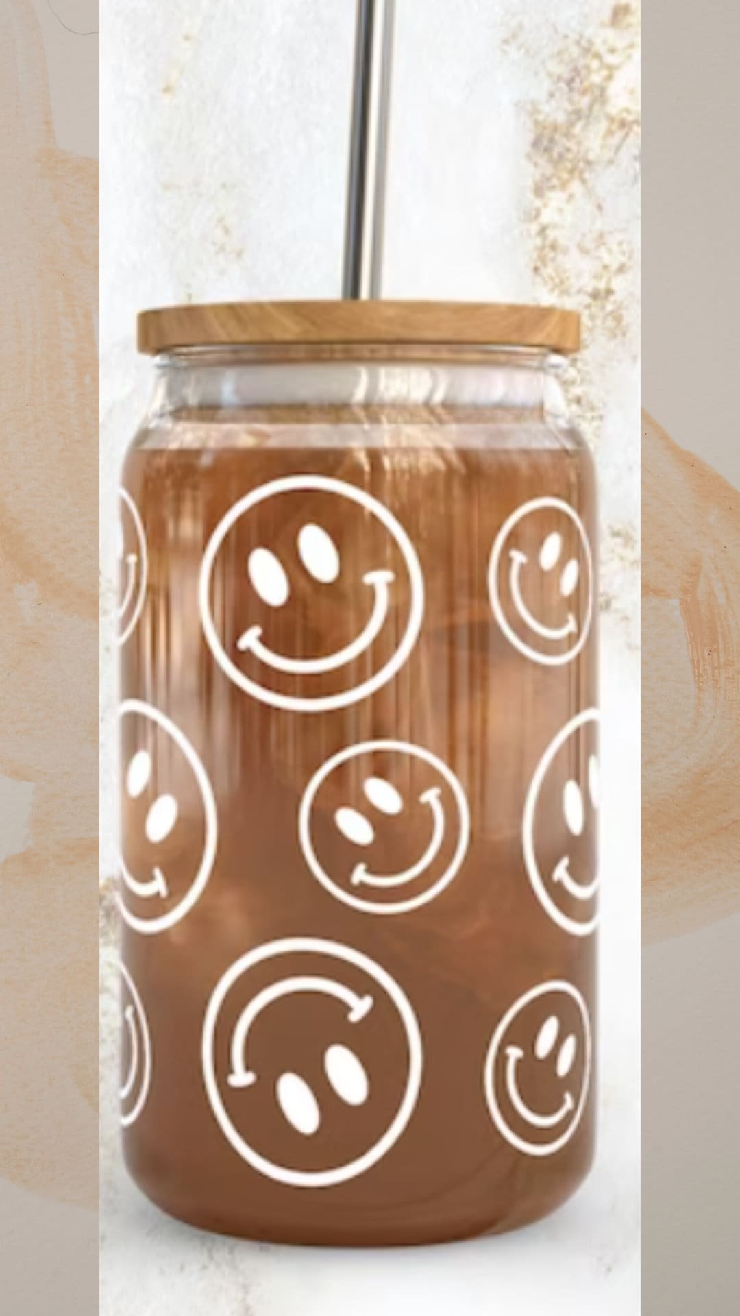 Smiley Retro Can Glass / Cup with Bamboo Lid / Ice Coffee Cup / Cute Gift / Cute Drink Cup