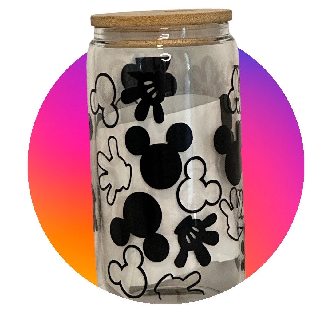 Mickey Mouse Can Glass / Cup with Bamboo Lid / Ice Coffee Cup / Cute Gift / Cute Drink Cup