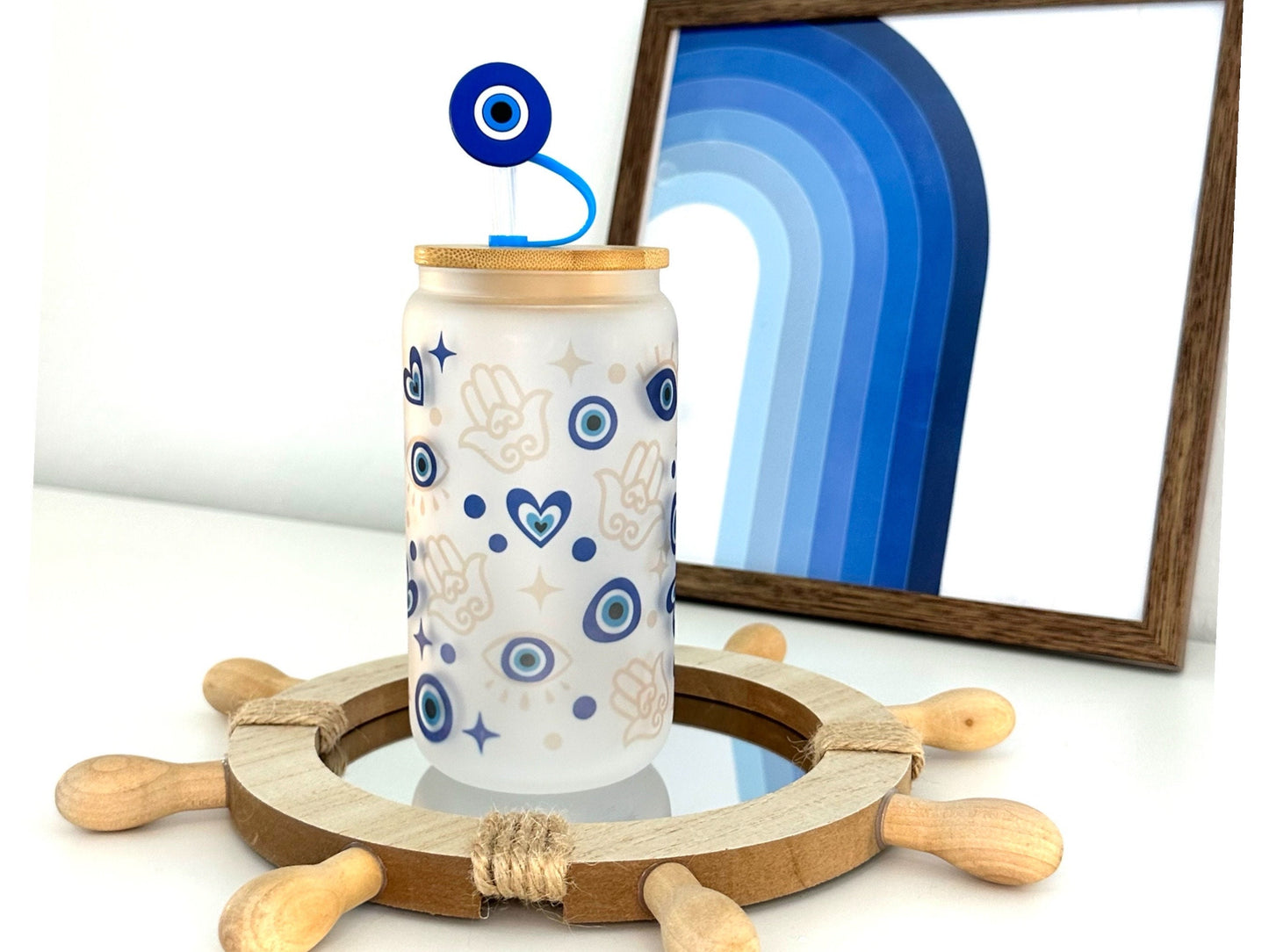 Blue Evil Eye Frosted Glass Cup with Bamboo Lid