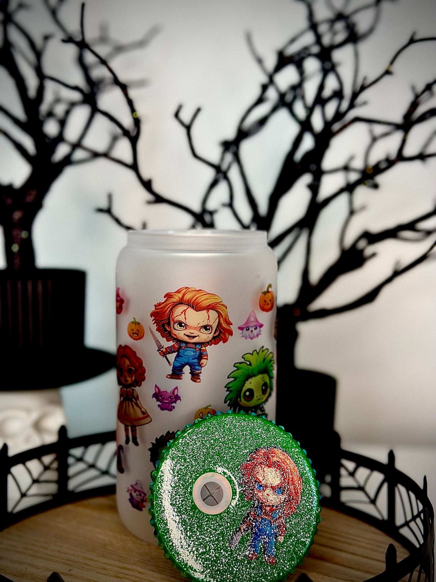 Halloween Horror Character Frosted Glass Cup with Bamboo Lid