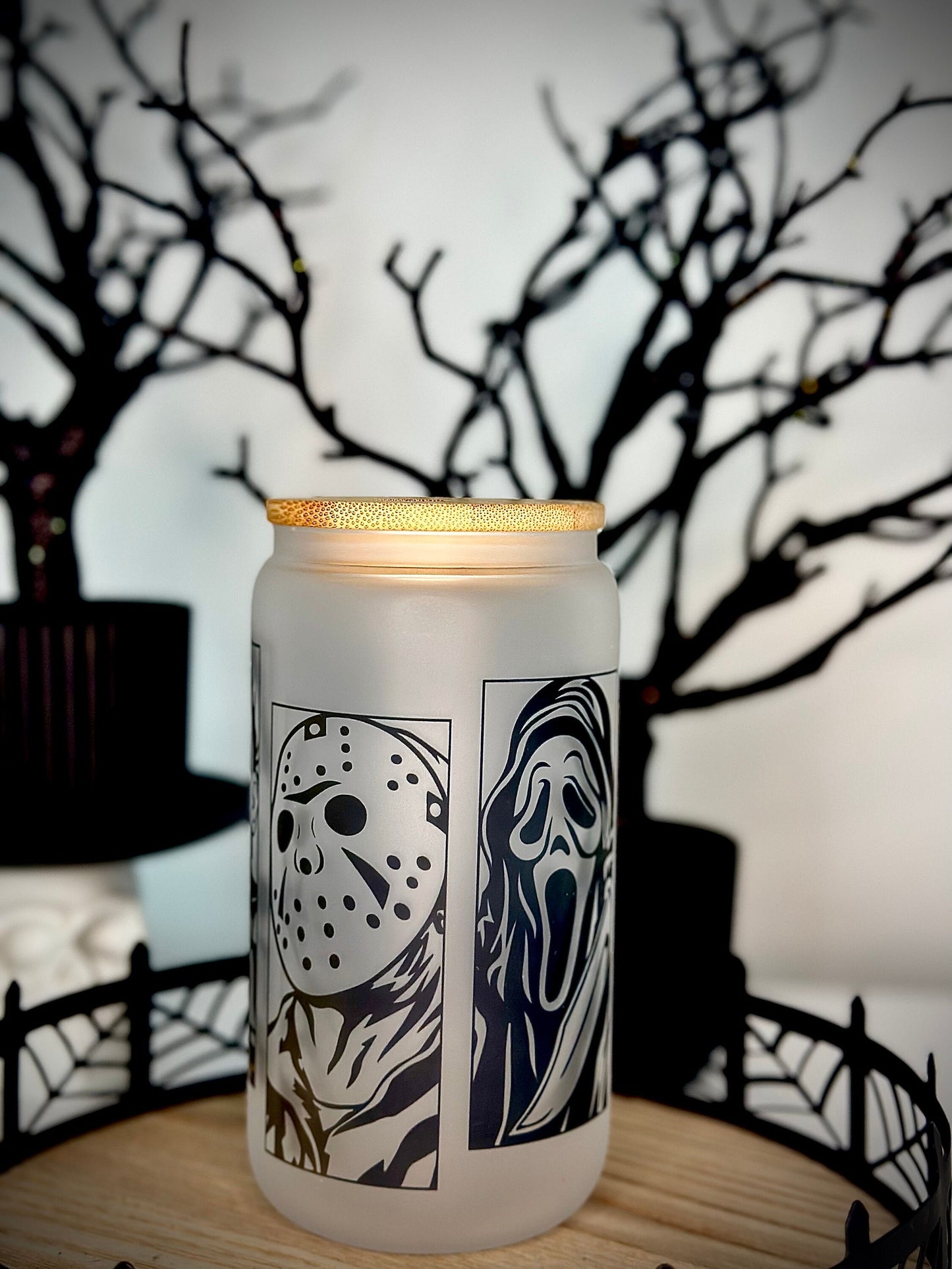 Halloween Horror Movie Characters Glass Cup - Spooky Season Collectible