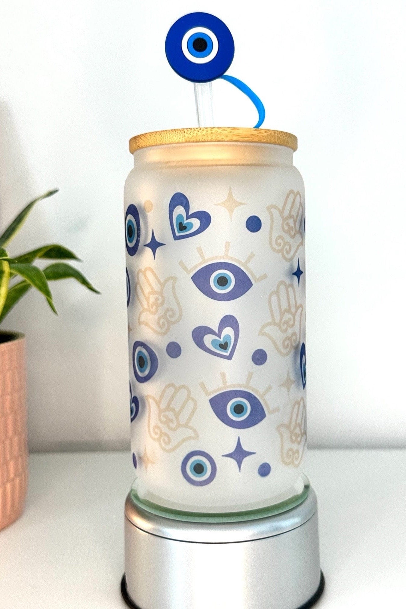 Blue Evil Eye Frosted Glass Cup with Bamboo Lid