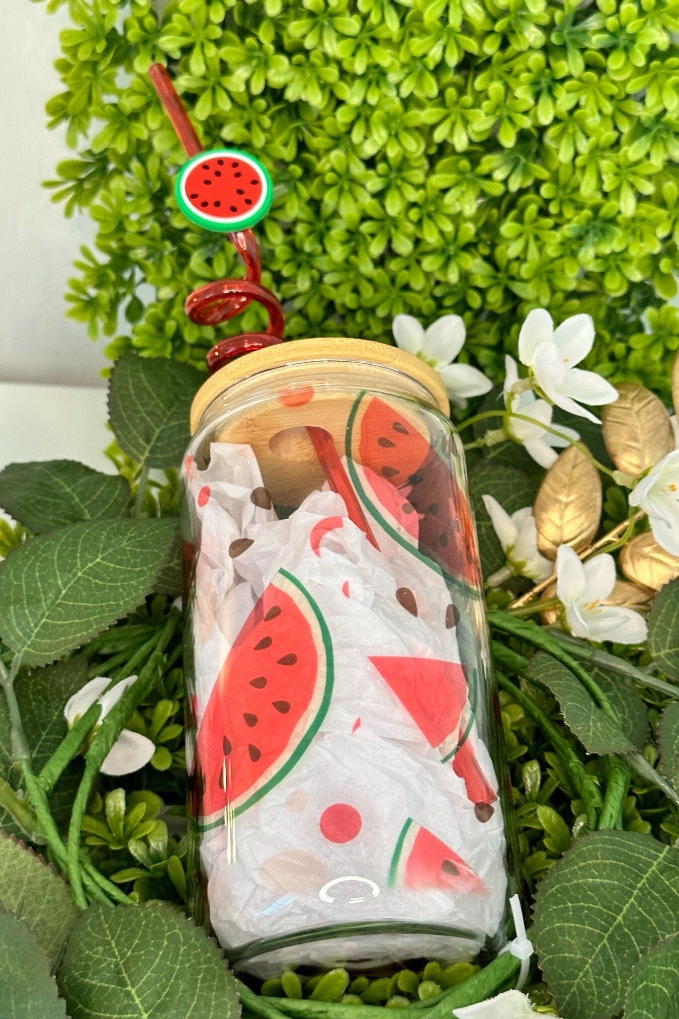 Watermelon Can Glass Cup - 16oz / Iced Coffee Glass / Reusable Cup / Water Bottle / Cute Gift