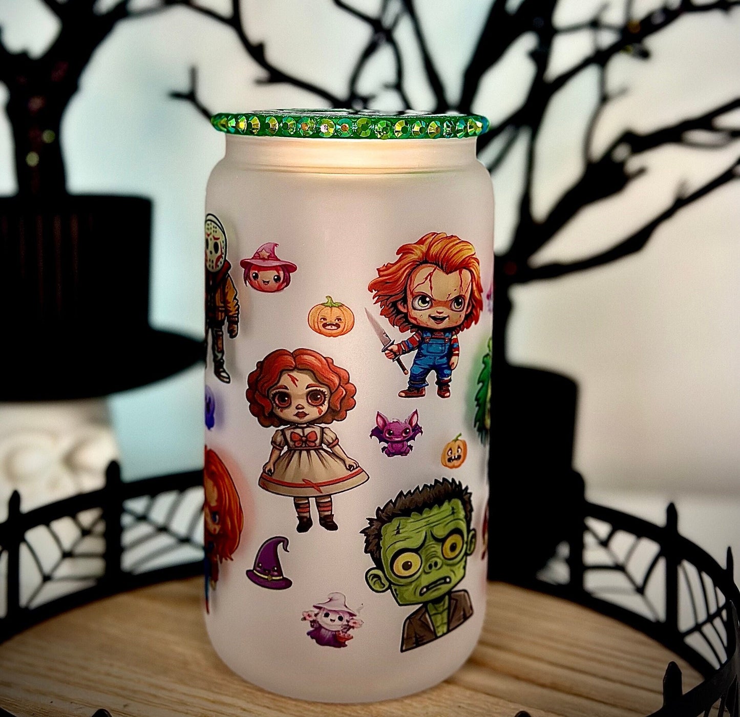 Halloween Horror Character Frosted Glass Cup with Bamboo Lid