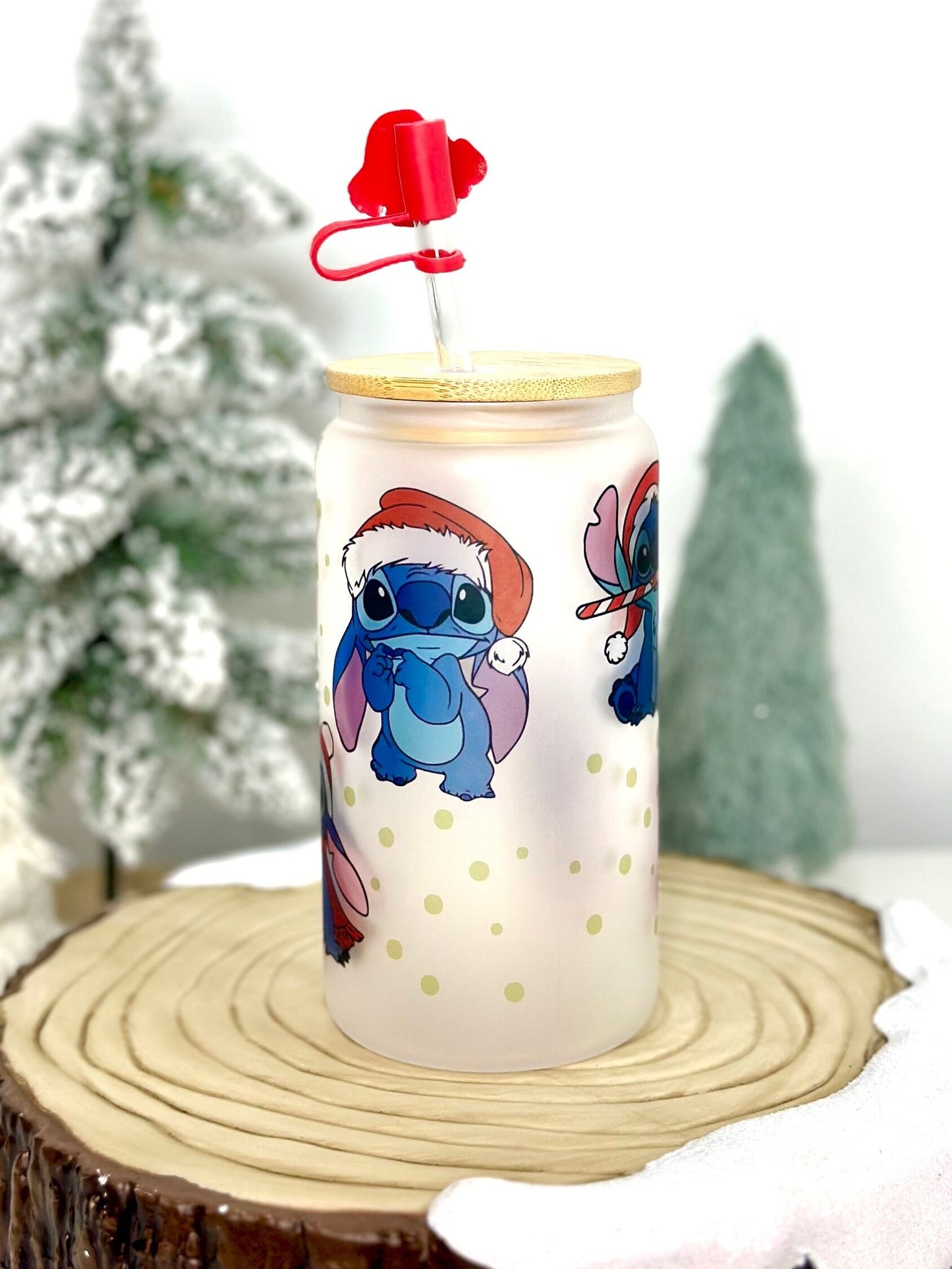 Lilo and Stitch Blue Alien Santa Christmas Frosted Glass Can with Bamboo Lid