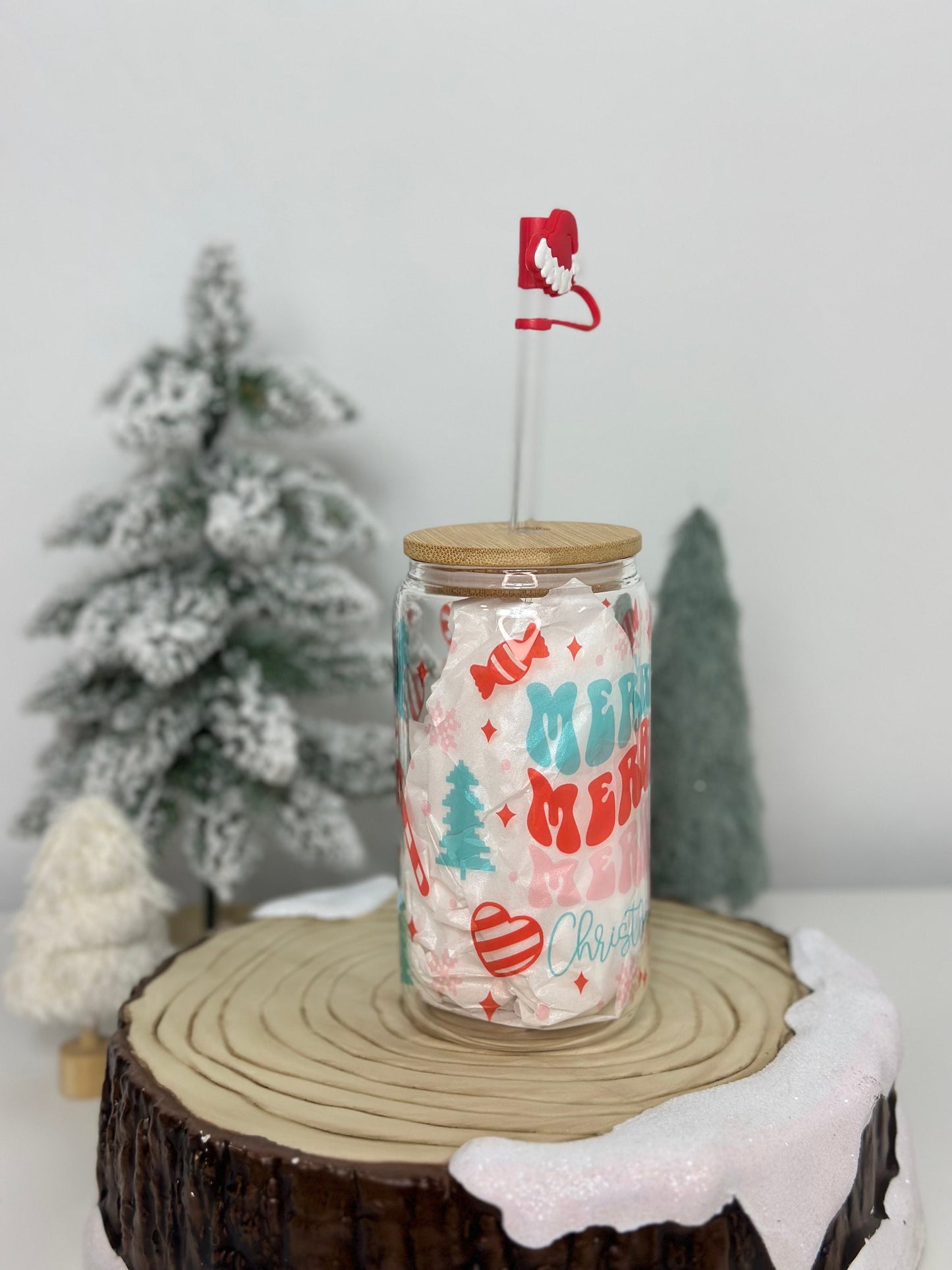 Merry Merry Merry Christmas Glass Cup with Bamboo Lid and Straw + Straw Topper