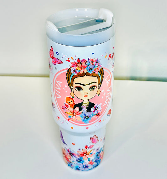 Frida Kahlo Painter with Flowers and Butterfly “Cafecito & Chisme” Stanley Style Tumbler