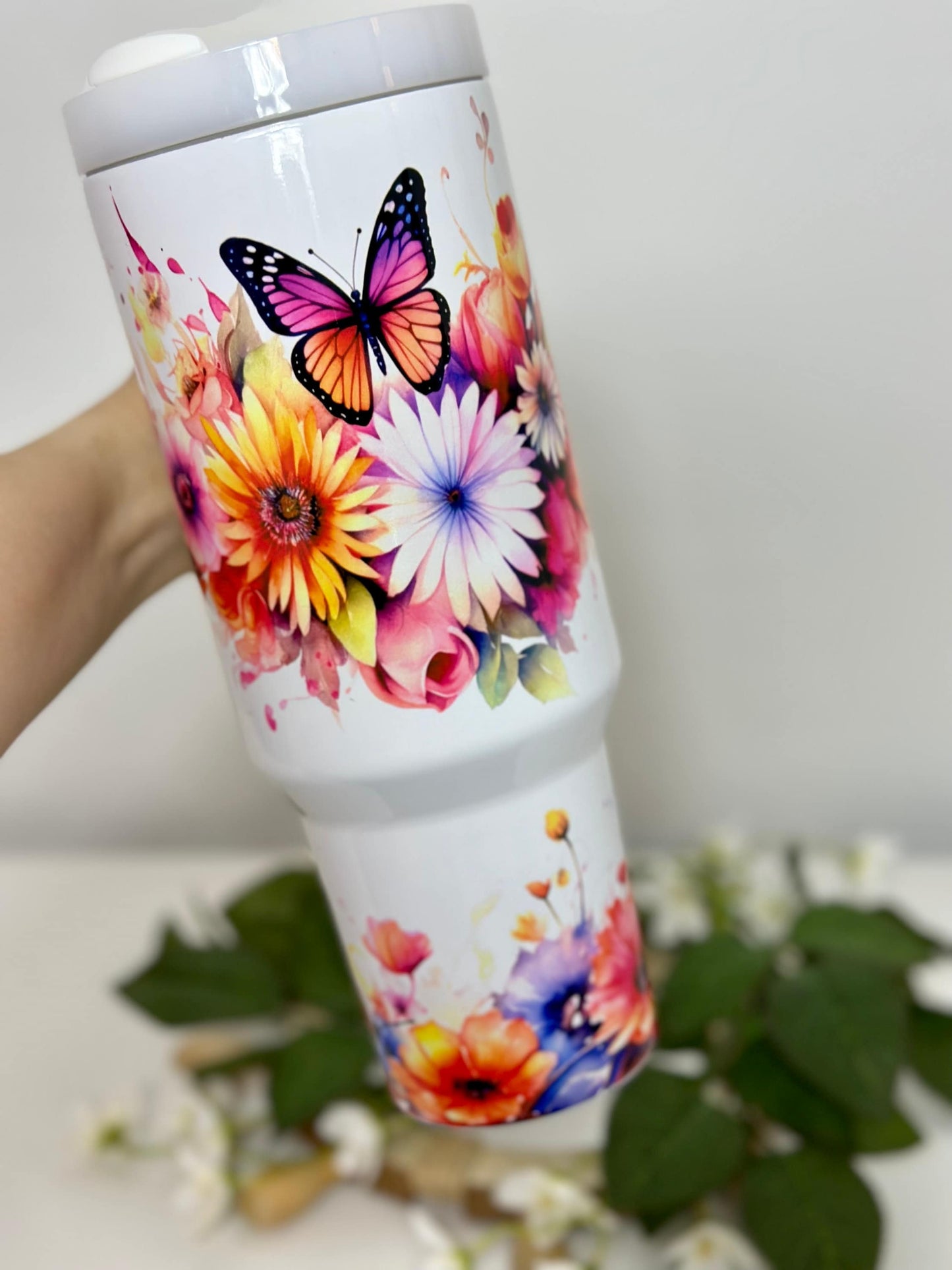 Vibrant Colors Butterfly and Floral Design Stanley Style 40 oz Tumbler