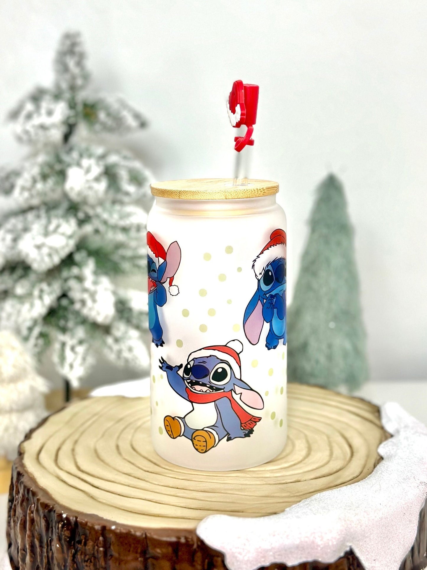 Lilo and Stitch Blue Alien Santa Christmas Frosted Glass Can with Bamboo Lid