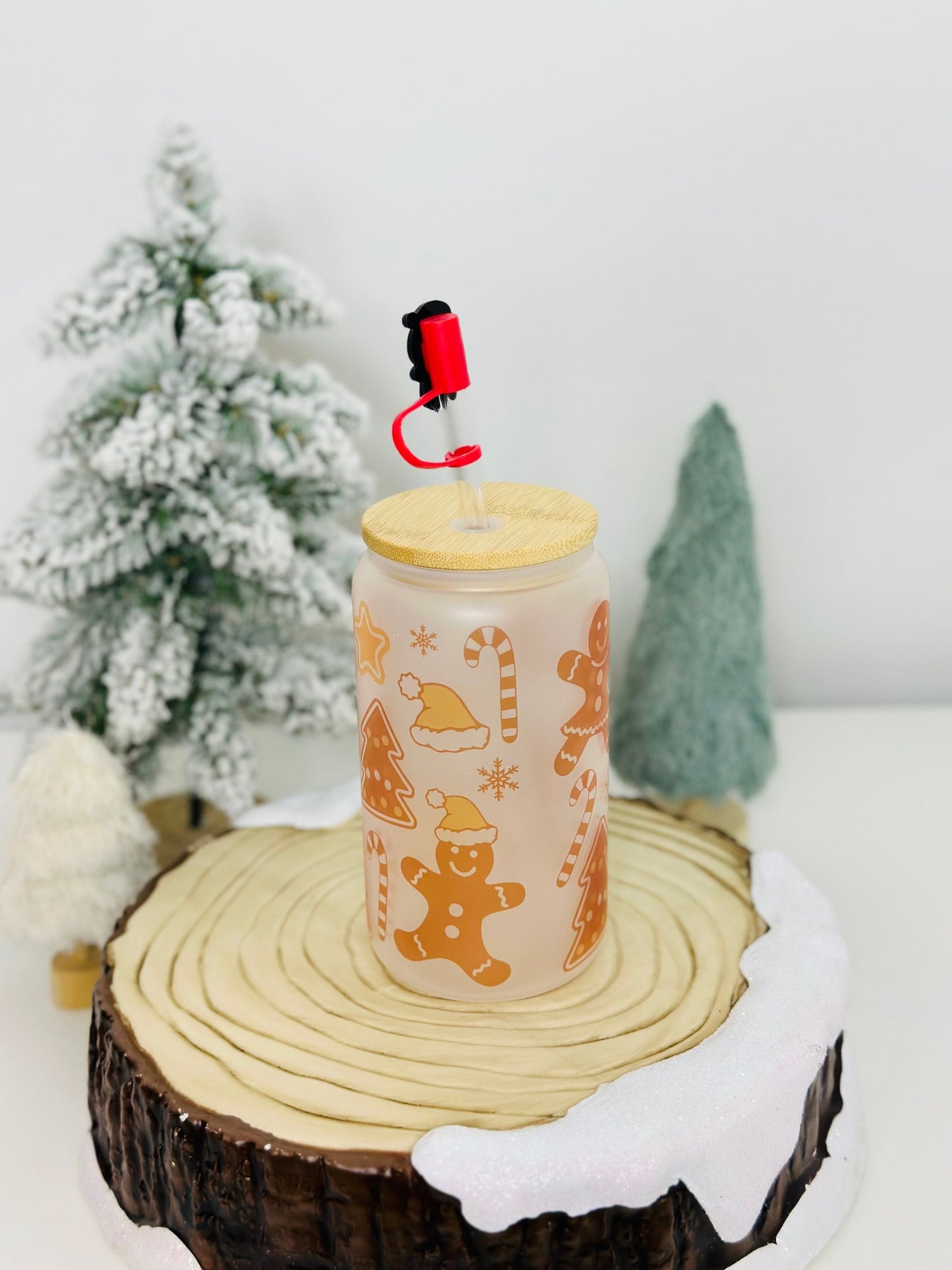 Gingerbread Christmas Cookie Style Glass Cup with Bamboo Lid and Straw + Straw Topper