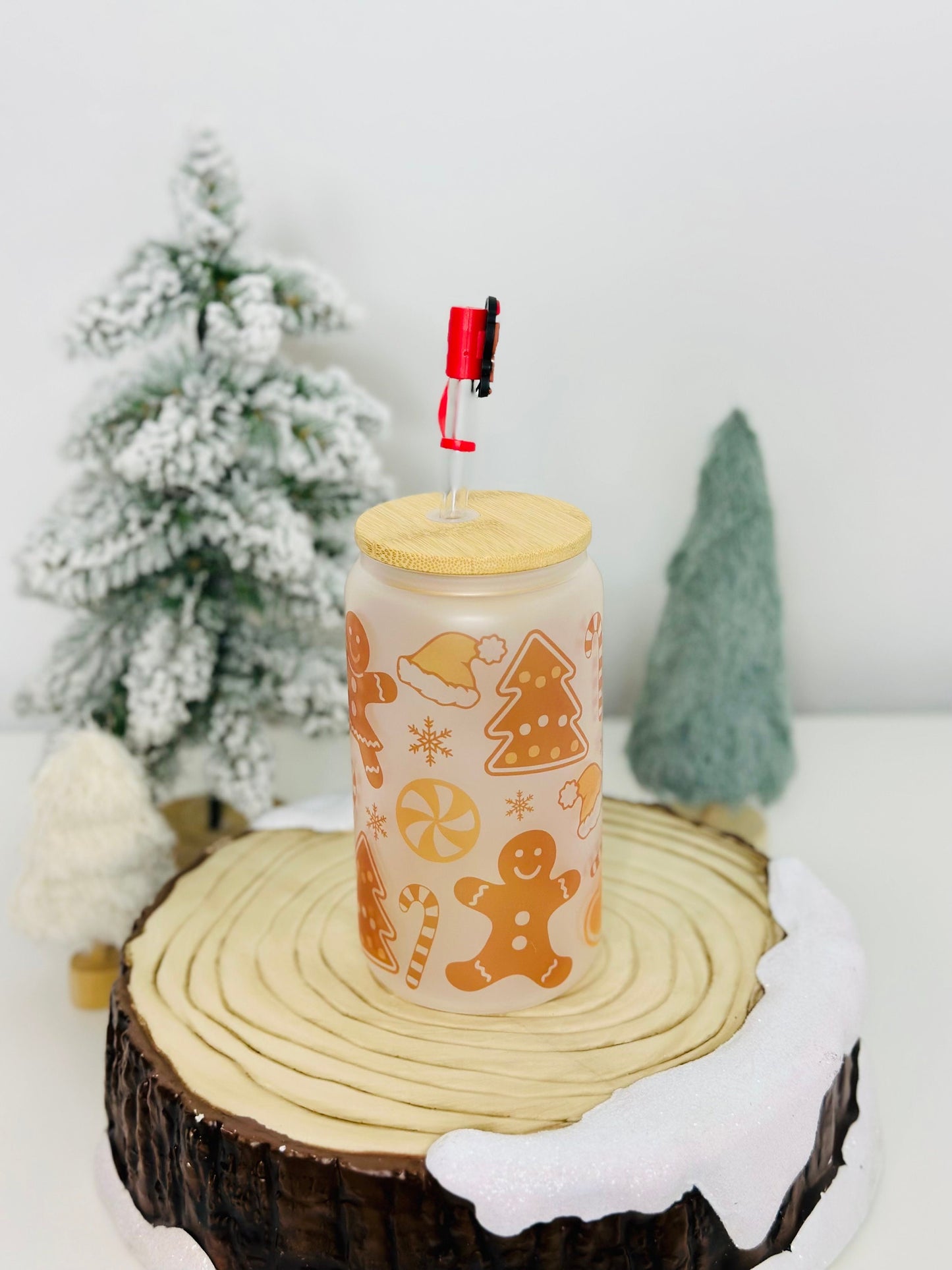 Gingerbread Christmas Cookie Style Glass Cup with Bamboo Lid and Straw + Straw Topper