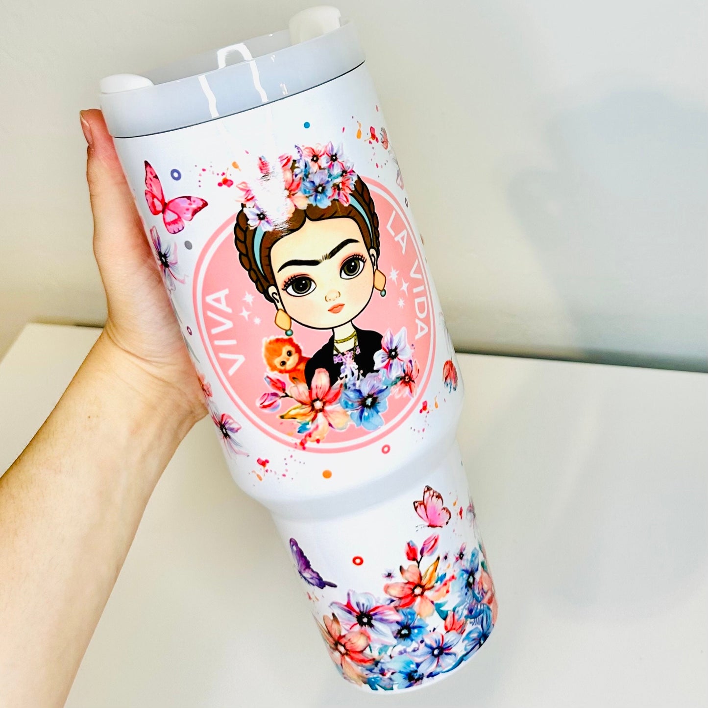 Frida Kahlo Painter with Flowers and Butterfly “Cafecito & Chisme” Stanley Style Tumbler